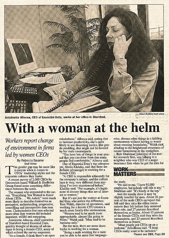 A newspaper article about the CEO of Essential Data Corp Antoinette Allocca working from her home office in Stamford