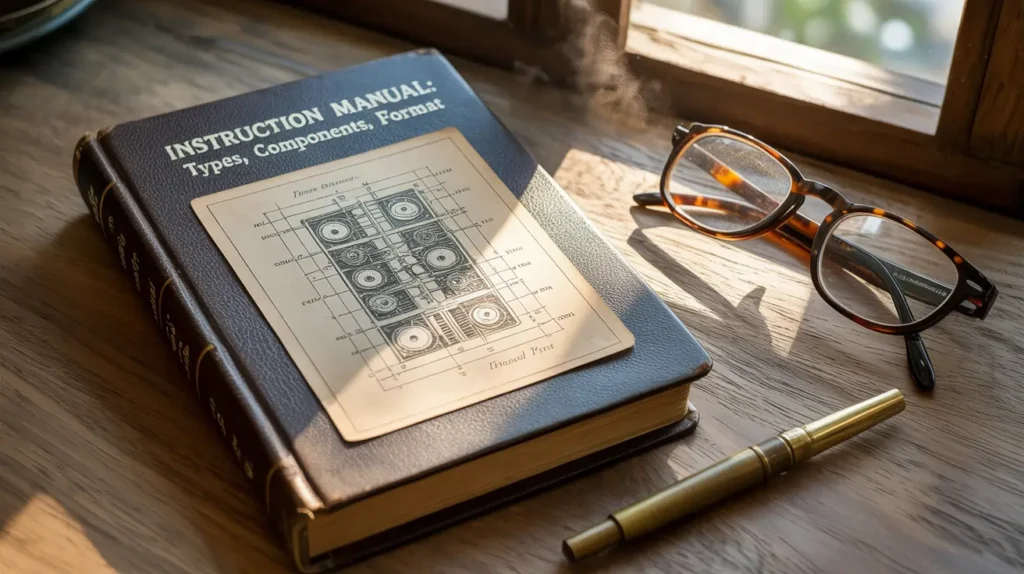 Vintage manual open to a blueprint diagram, with glasses and pen on a wooden desk.