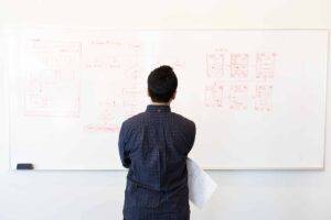 man standing in front of a whiteboard during a planning session for SOP Documents-Essential Data Corporation