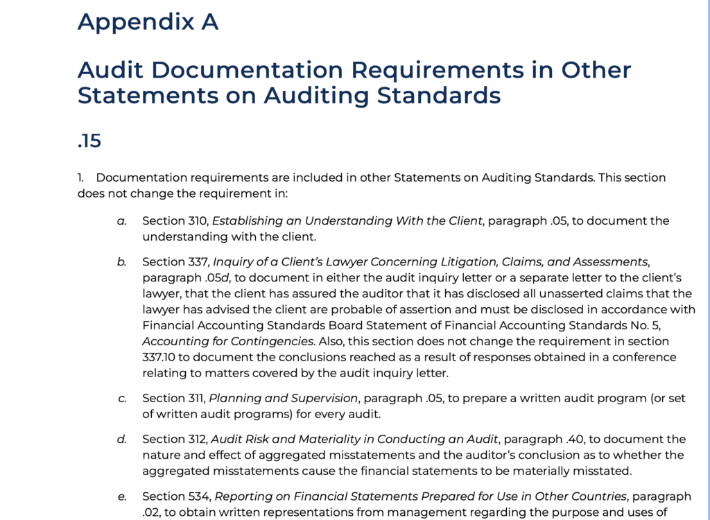 Audit Documentation Standards; Appendix A Paragraph 15