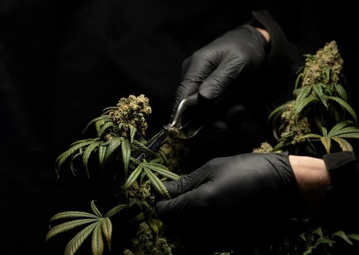 A set of hands trimming flower of a cannabis plant using proper safety procedures. 